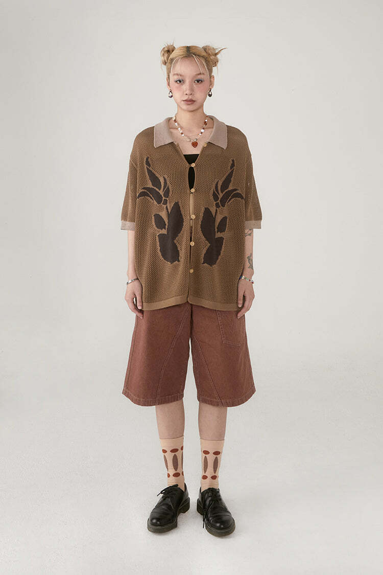PHYSBOY Retro Leaf Crochet Button-Up - Y2K Summer, 90s Grunge, Pastel Goth, Y2K Party Outfit