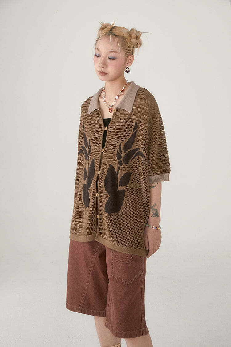 PHYSBOY Retro Leaf Crochet Button-Up - Y2K Summer, 90s Grunge, Pastel Goth, Y2K Party Outfit