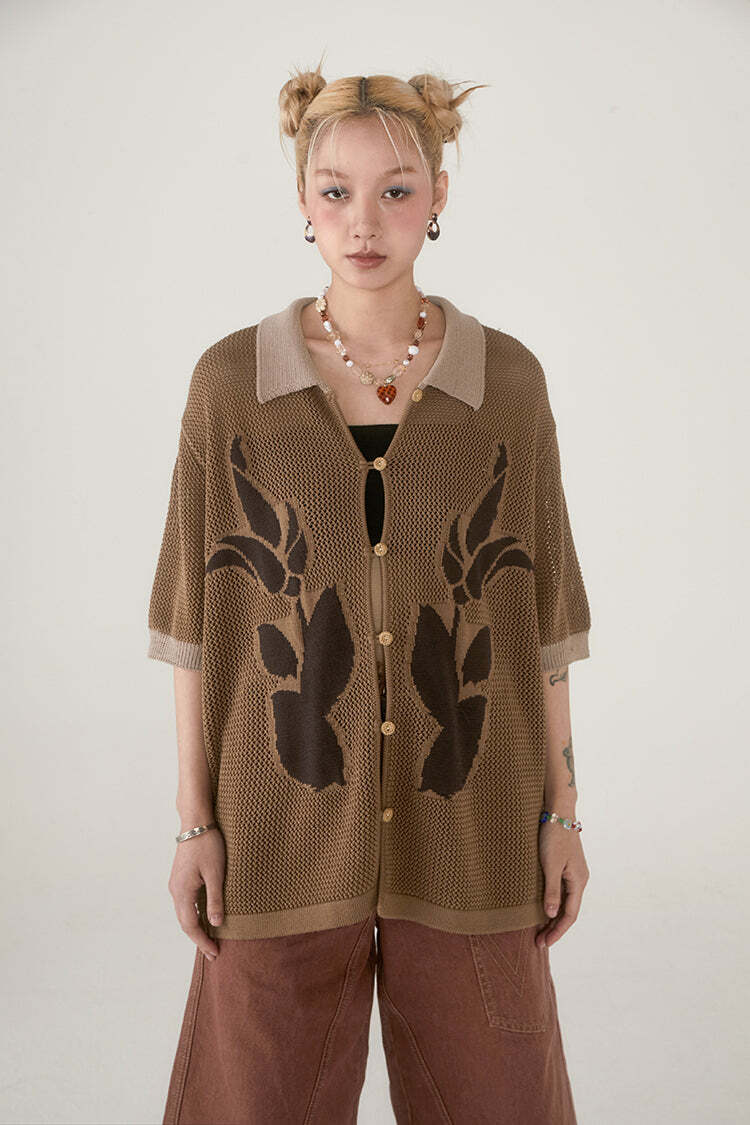 PHYSBOY Retro Leaf Crochet Button-Up - Y2K Summer, 90s Grunge, Pastel Goth, Y2K Party Outfit