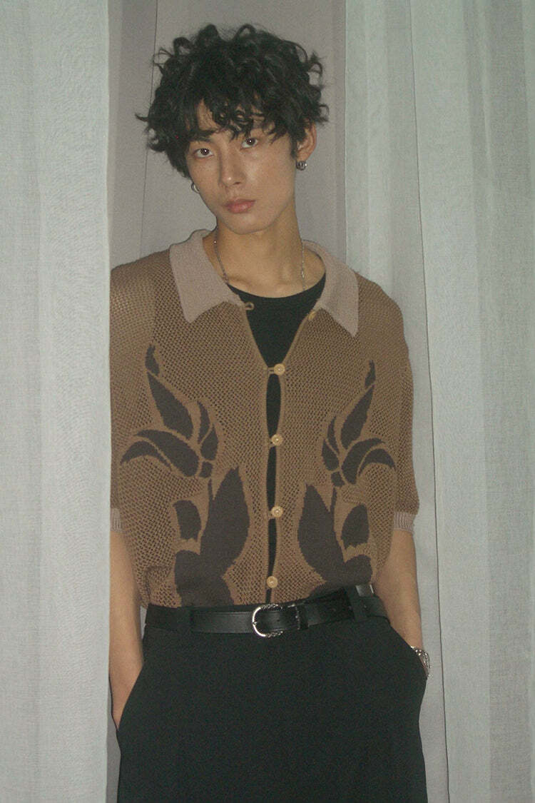 PHYSBOY Retro Leaf Crochet Button-Up: Y2K Summer, 90s Grunge, Pastel Goth, Y2K Party Outfit