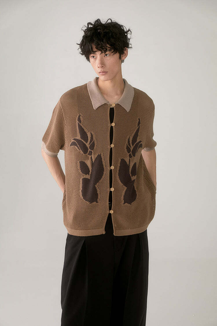 PHYSBOY Retro Leaf Crochet Button-Up: Y2K Summer, 90s Grunge, Pastel Goth, Y2K Party Outfit