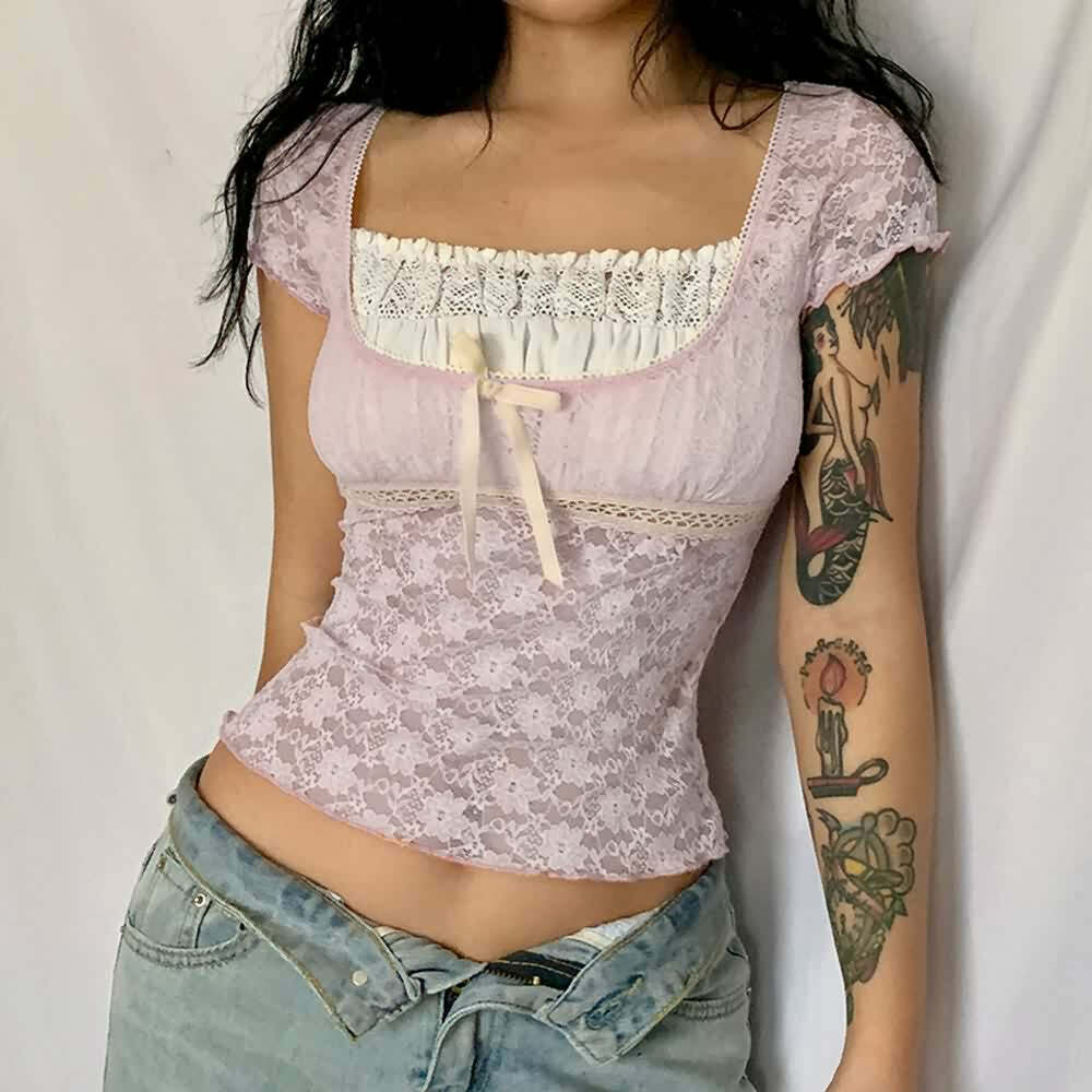 Pink Coquette Lace Top - Y2K Summer, 90s Grunge, Retro Style, Y2K Party & Club Outfits