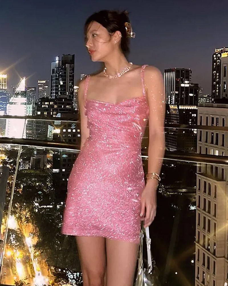 Pink Glitter Dress - Y2K Summer Outfit, 90s Grunge, Retro Party, Y2K Club & Popstar Fashion