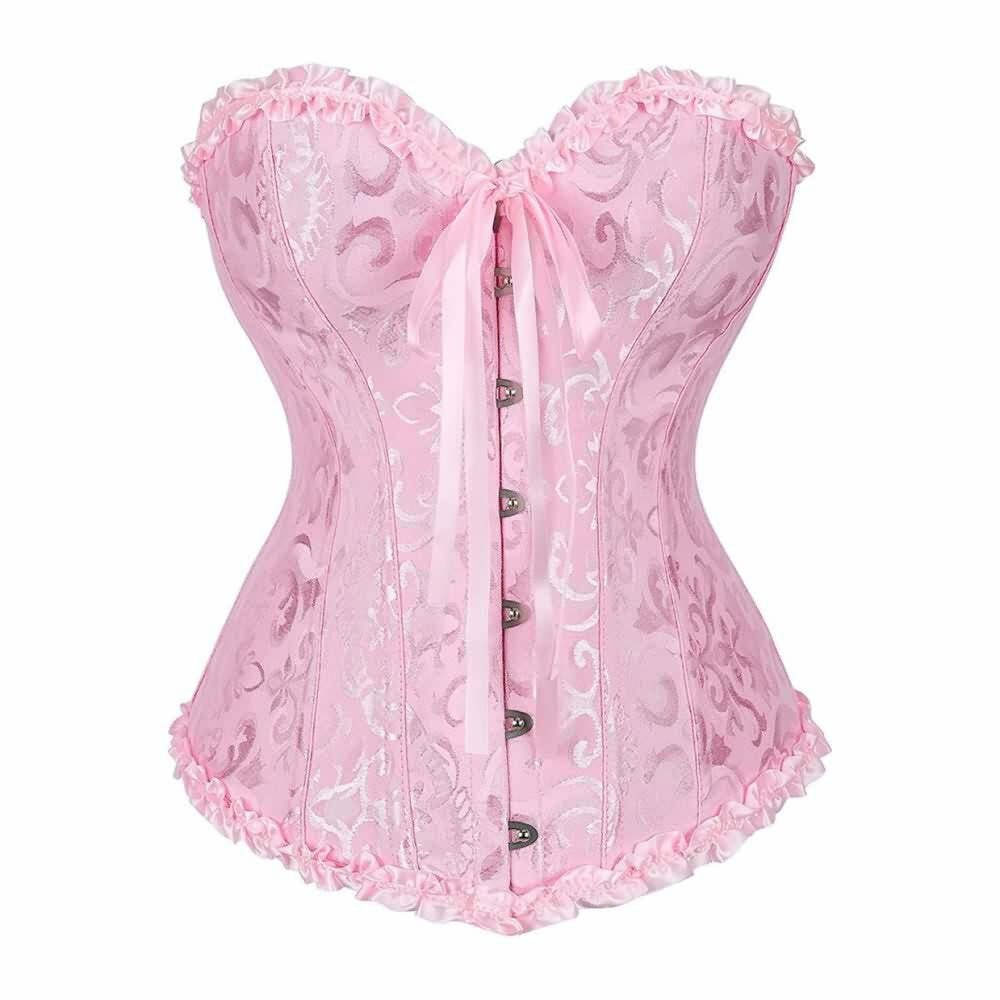 Pink Gothic Ruffle Trim Hourglass Overbust Corset - Y2K Grunge, 90s Fashion, Retro Style