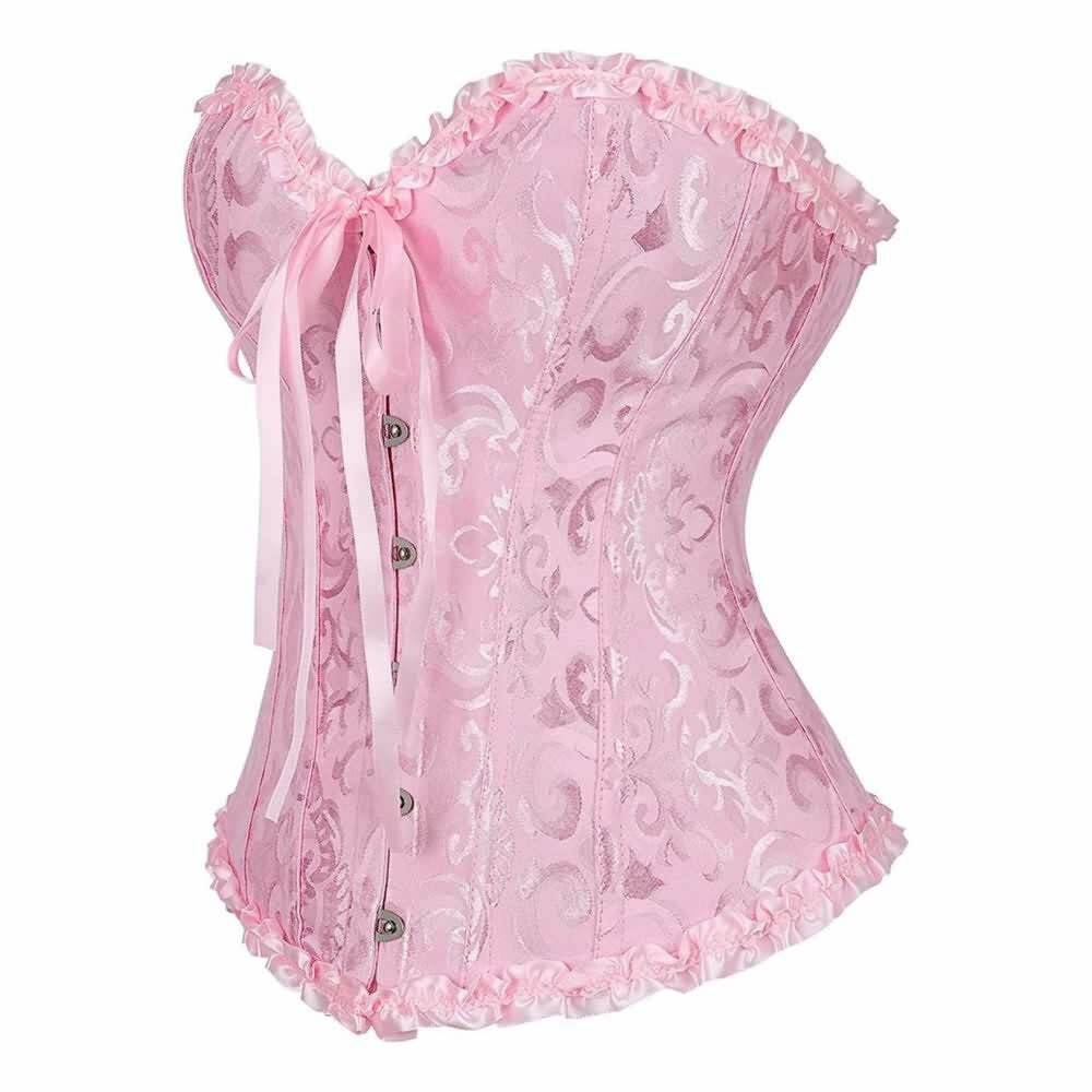 Pink Gothic Ruffle Trim Hourglass Overbust Corset - Y2K Grunge, 90s Fashion, Retro Style