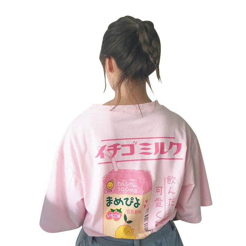 Pink Milk Loose T-Shirt - Y2K Summer Grunge, 90s Retro, Pastel Goth, Y2K Party Outfit