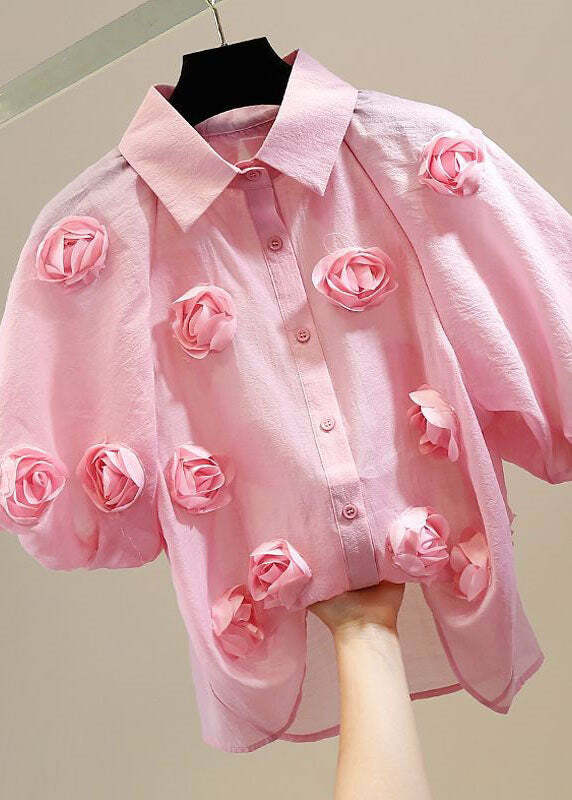 Pink Patchwork Tulle Blouse with Peter Pan Collar - Y2K Summer, 90s Fashion, Grunge Outfits