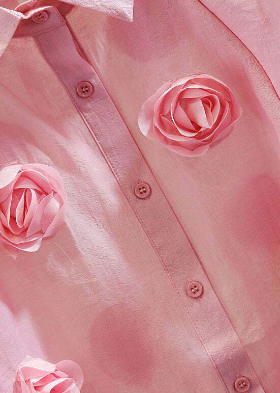 Pink Patchwork Tulle Blouse with Peter Pan Collar - Y2K Summer, 90s Fashion, Grunge Outfits