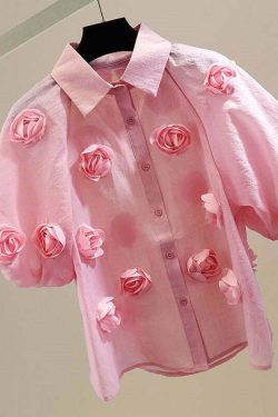 Pink Patchwork Tulle Blouse with Peter Pan Collar - Y2K Summer, 90s Fashion, Grunge Outfits