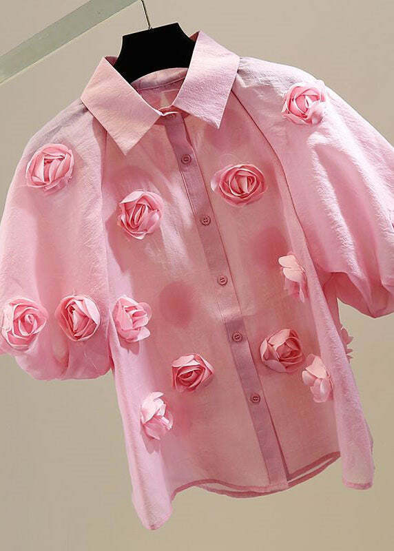 Pink Patchwork Tulle Blouse with Peter Pan Collar - Y2K Summer, 90s Fashion, Grunge Outfits