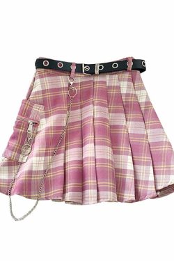 Pink Plaid Pleated Skirt with Belt - Y2K Summer Grunge, 90s Retro, Pastel Goth, Y2K Party