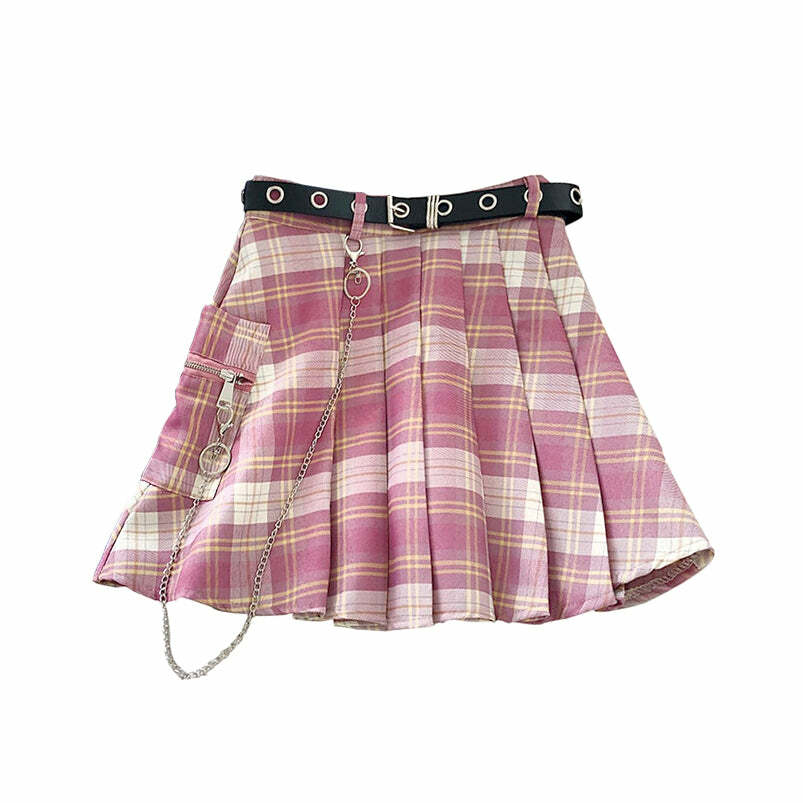 Pink Plaid Pleated Skirt with Belt - Y2K Summer Grunge, 90s Retro, Pastel Goth, Y2K Party