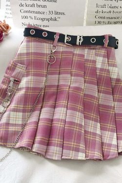 Pink Plaid Pleated Skirt with Belt - Y2K Summer Grunge, 90s Retro, Pastel Goth, Y2K Party
