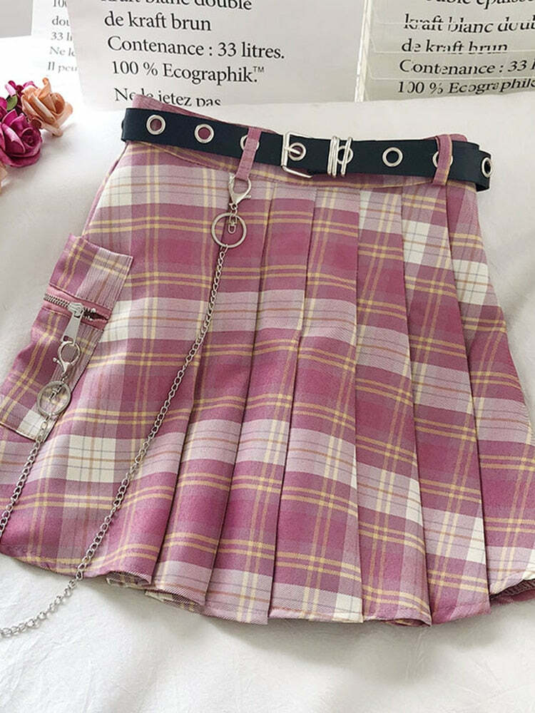Pink Plaid Pleated Skirt with Belt - Y2K Summer Grunge, 90s Retro, Pastel Goth, Y2K Party