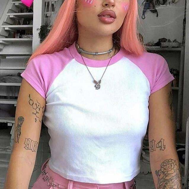 Pink Raglan Shirt - Y2K Summer, 90s Grunge, Retro Style, Baby Tees, Y2K Party Outfits