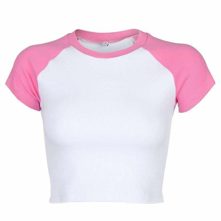 Pink Raglan Shirt - Y2K Summer, 90s Grunge, Retro Style, Baby Tees, Y2K Party Outfits