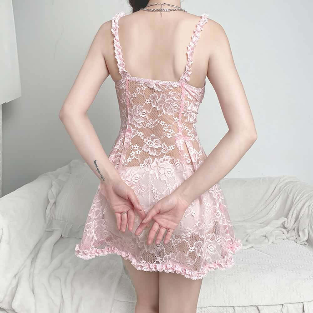 Pink Sheer Mesh Babydoll Lingerie - Sexy Lace Nightgown, Y2K Grunge & 90s Retro Style