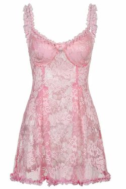 Pink Sheer Mesh Babydoll Lingerie - Sexy Lace Nightgown, Y2K Grunge & 90s Retro Style