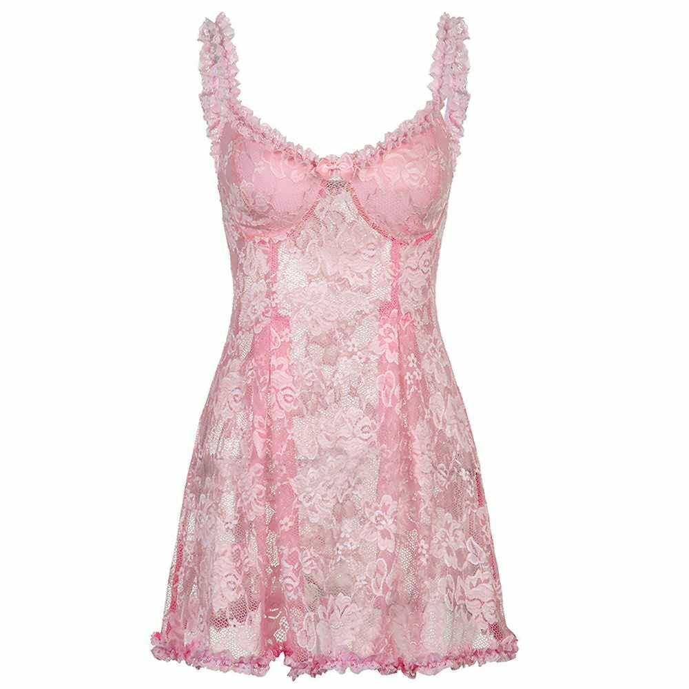 Pink Sheer Mesh Babydoll Lingerie - Sexy Lace Nightgown, Y2K Grunge & 90s Retro Style