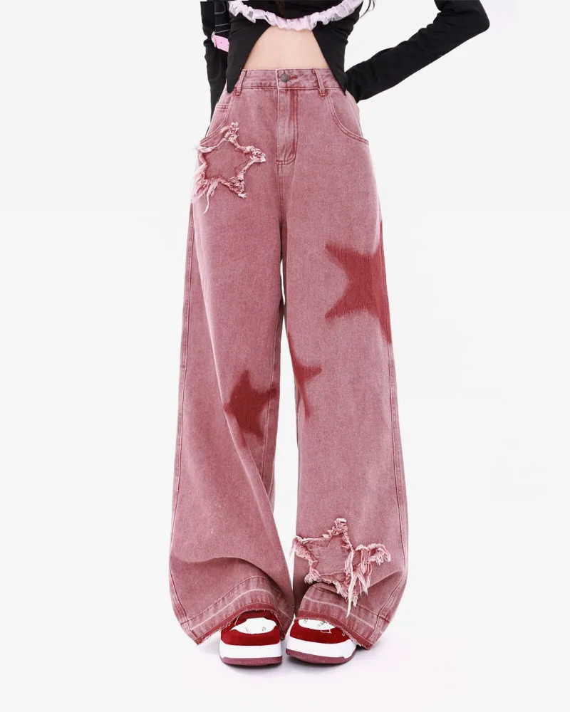 Pink Star Jeans - Y2K Summer & 90s Grunge Outfits, Retro Y2K Fashion, Baby Tees & Y2K