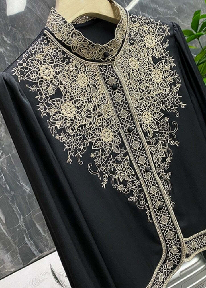 Plus Size Black Silk Embroidered Shirt - Y2K Grunge, 90s Fashion, Retro Summer Outfit