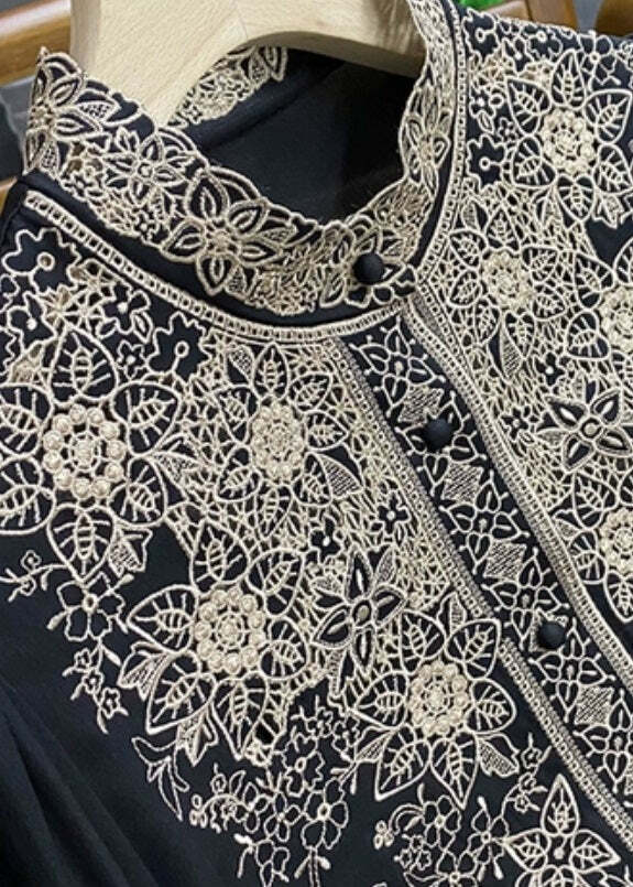 Plus Size Black Silk Embroidered Shirt - Y2K Grunge, 90s Fashion, Retro Summer Outfit