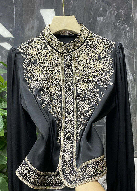 Plus Size Black Silk Embroidered Shirt - Y2K Grunge, 90s Fashion, Retro Summer Outfit