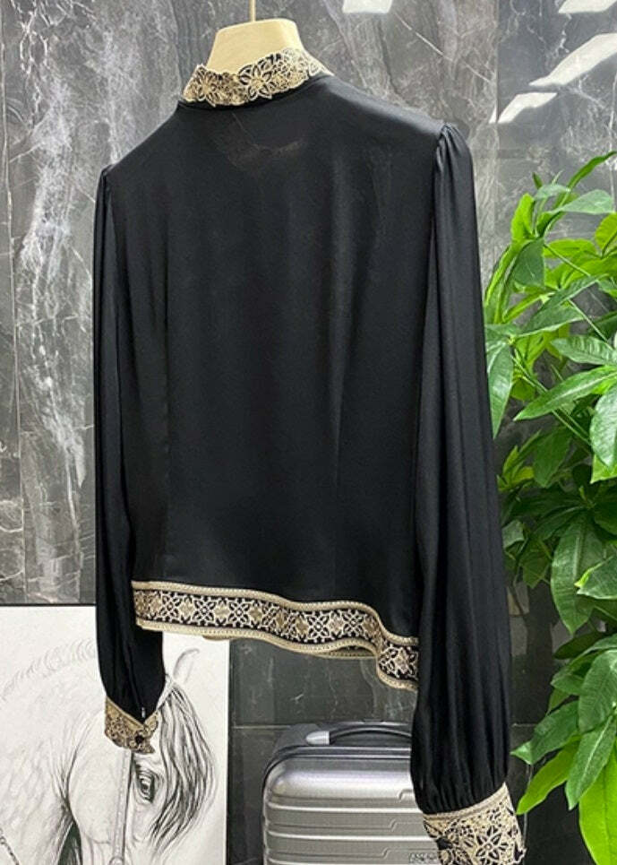 Plus Size Black Silk Embroidered Shirt - Y2K Grunge, 90s Fashion, Retro Summer Outfit