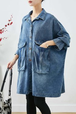 Plus Size Blue Y2K Denim Coat with Big Pockets - Retro 90s Grunge Summer & Fall Fashion
