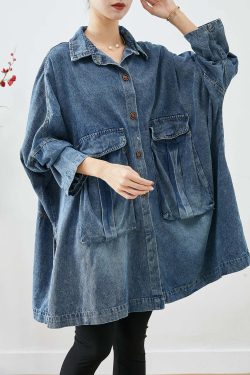 Plus Size Blue Y2K Denim Coat with Big Pockets - Retro 90s Grunge Summer & Fall Fashion