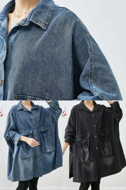 Plus Size Blue Y2K Denim Coat with Big Pockets - Retro 90s Grunge Summer & Fall Fashion