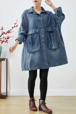 Plus Size Blue Y2K Denim Coat with Big Pockets - Retro 90s Grunge Summer & Fall Fashion