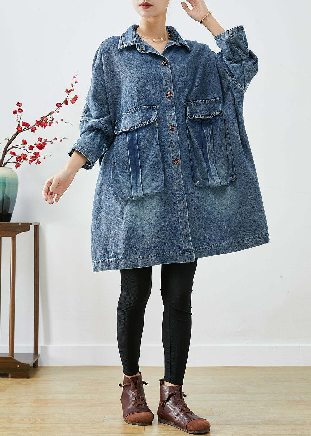 Plus Size Blue Y2K Denim Coat with Big Pockets - Retro 90s Grunge Summer & Fall Fashion