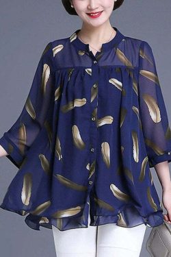 Plus Size Navy Print Chiffon Blouse - Y2K Summer, 90s Fashion, Grunge, Retro Style