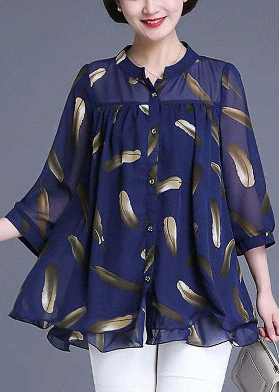Plus Size Navy Print Chiffon Blouse - Y2K Summer, 90s Fashion, Grunge, Retro Style