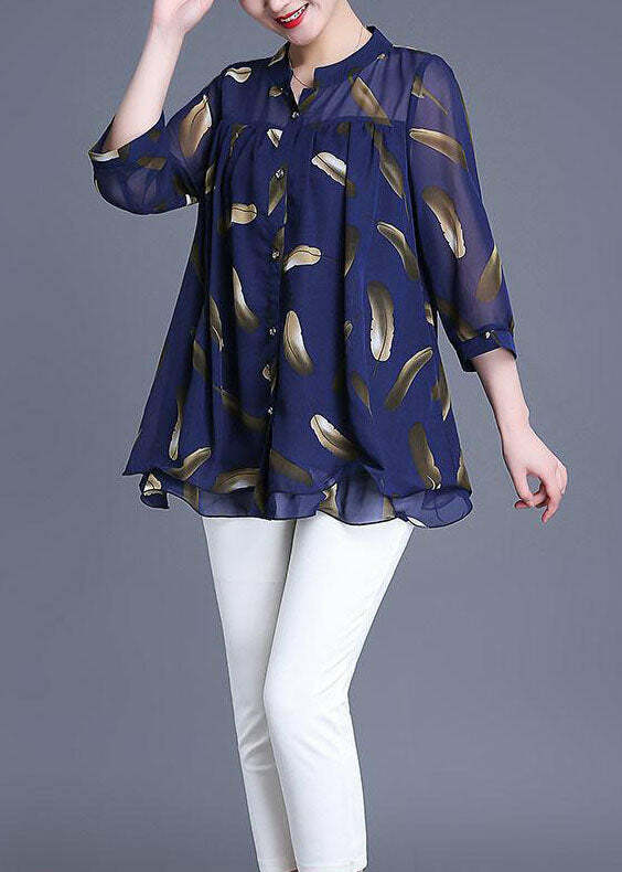 Plus Size Navy Print Chiffon Blouse - Y2K Summer, 90s Fashion, Grunge, Retro Style