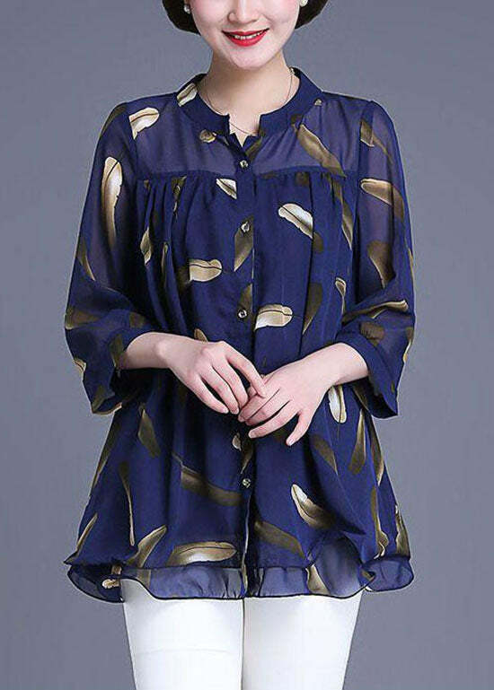 Plus Size Navy Print Chiffon Blouse - Y2K Summer, 90s Fashion, Grunge, Retro Style
