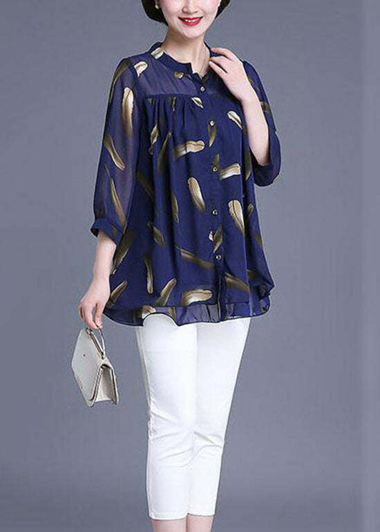 Plus Size Navy Print Chiffon Blouse - Y2K Summer, 90s Fashion, Grunge, Retro Style