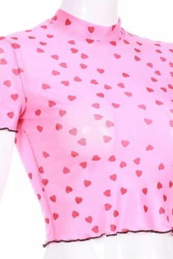 Polka Hearts Pink Crop Top - Y2K Summer, 90s Grunge, Retro Style, Y2K Party & Club Outfits