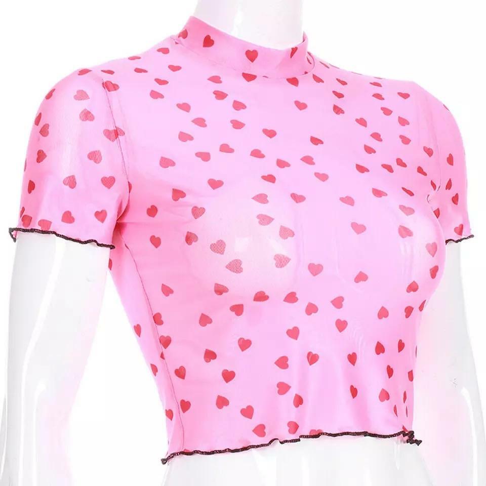 Polka Hearts Pink Crop Top - Y2K Summer, 90s Grunge, Retro Style, Y2K Party & Club Outfits