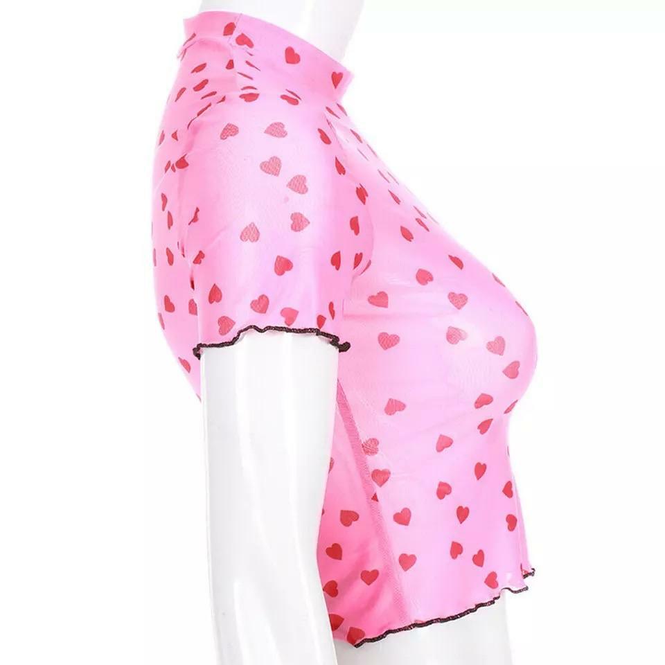 Polka Hearts Pink Crop Top - Y2K Summer, 90s Grunge, Retro Style, Y2K Party & Club Outfits