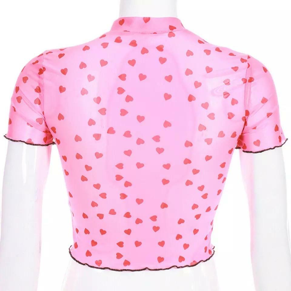 Polka Hearts Pink Crop Top - Y2K Summer, 90s Grunge, Retro Style, Y2K Party & Club Outfits