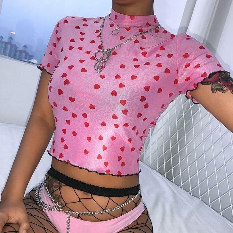 Polka Hearts Pink Crop Top - Y2K Summer, 90s Grunge, Retro Style, Y2K Party & Club Outfits