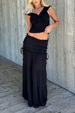 Pranavi Y2K Two Piece Maxi Skirt Set - 90s Grunge Summer Outfit, Retro Fashion, Pastel Goth