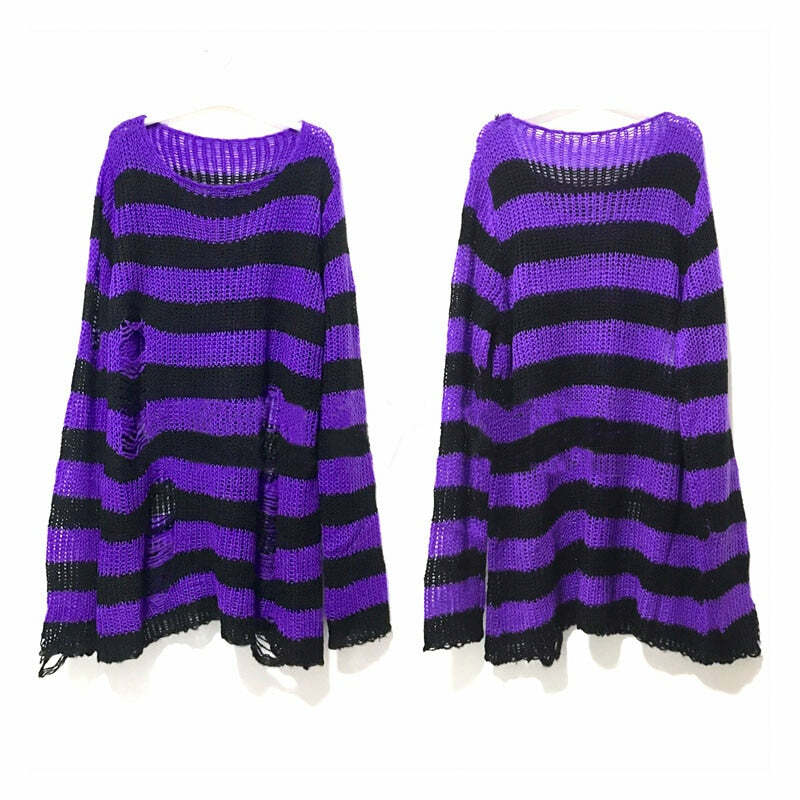 Purple Black Gothic Striped Sweater - Y2K Grunge, 90s Fashion, Retro Style, Pastel Goth Outfit