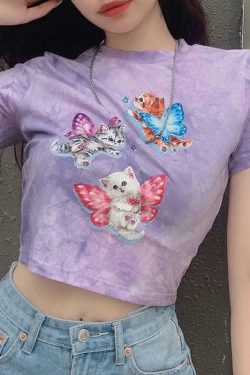 Purple Cat Crop Top - Y2K Summer, 90s Grunge, Retro Style, Y2K Party & Club Outfits