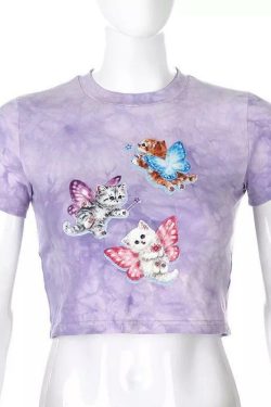 Purple Cat Crop Top - Y2K Summer, 90s Grunge, Retro Style, Y2K Party & Club Outfits