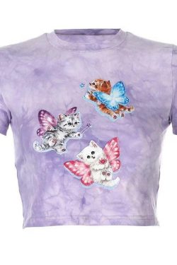 Purple Cat Crop Top - Y2K Summer, 90s Grunge, Retro Style, Y2K Party & Club Outfits