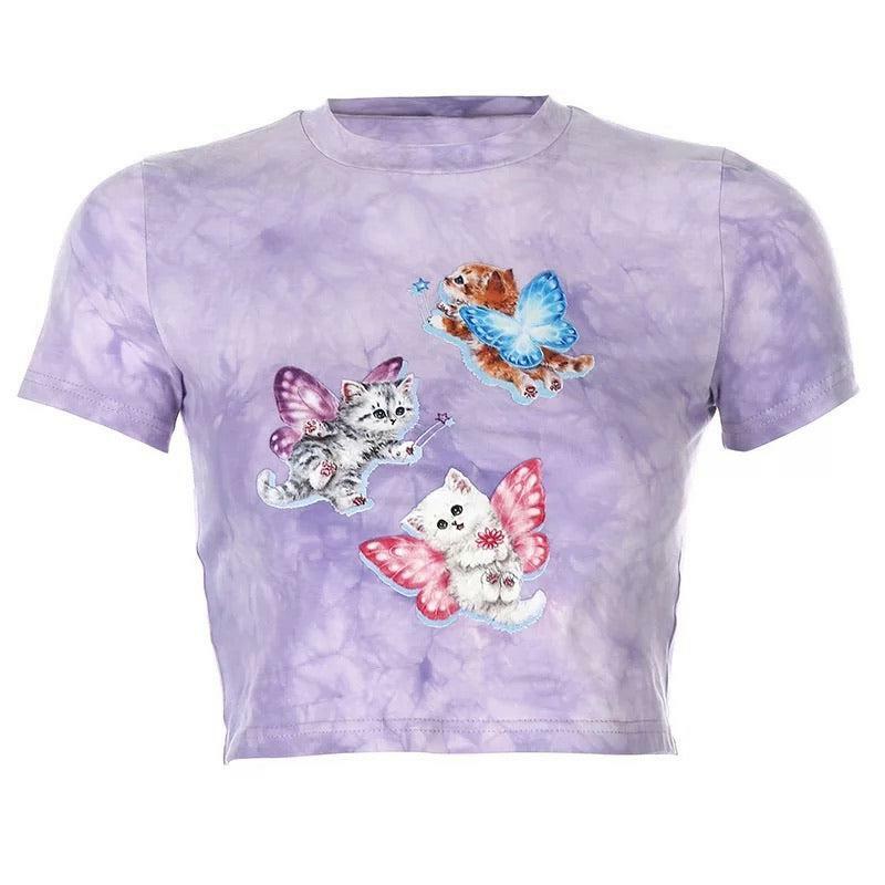 Purple Cat Crop Top - Y2K Summer, 90s Grunge, Retro Style, Y2K Party & Club Outfits
