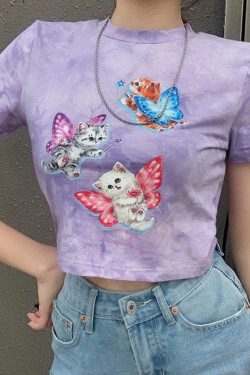 Purple Cat Crop Top - Y2K Summer, 90s Grunge, Retro Style, Y2K Party & Club Outfits